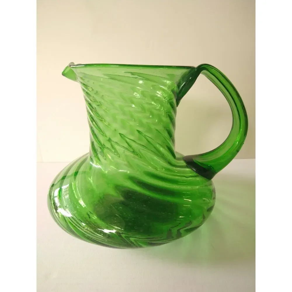 Vintage Hand Blown Large Green Glass Pitcher Ribbed 8.5